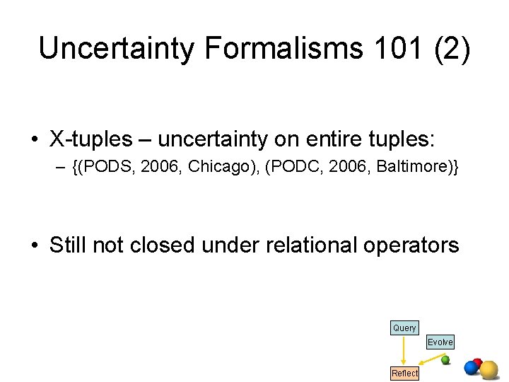 Uncertainty Formalisms 101 (2) • X-tuples – uncertainty on entire tuples: – {(PODS, 2006, Uncertainty Formalisms 101 (2) • X-tuples – uncertainty on entire tuples: – {(PODS, 2006,