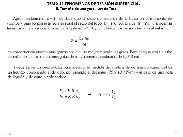 TEMA 11 FENOMENOS DE TENSIÓN SUPERFICIAL. 5. Tamaño de una gota. Ley de Tate.