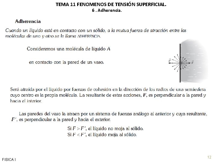 TEMA 11 FENOMENOS DE TENSIÓN SUPERFICIAL. 6. Adherencia. FISICA I 12 