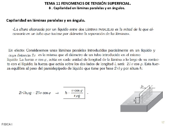 TEMA 11 FENOMENOS DE TENSIÓN SUPERFICIAL. 8. Capilaridad en láminas paralelas y en ángulos.