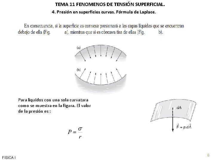 TEMA 11 FENOMENOS DE TENSIÓN SUPERFICIAL. 4. Presión en superficies curvas. Fórmula de Laplace.