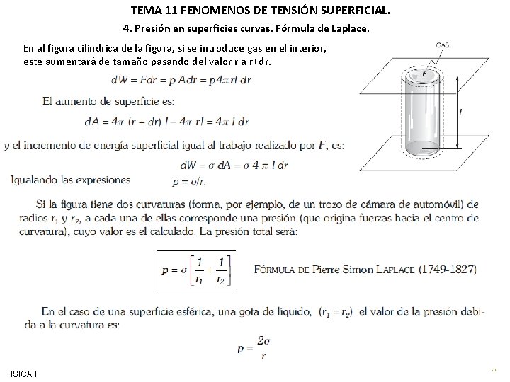 TEMA 11 FENOMENOS DE TENSIÓN SUPERFICIAL. 4. Presión en superficies curvas. Fórmula de Laplace.