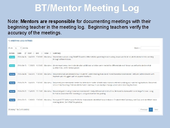 BT/Mentor Meeting Log Note: Mentors are responsible for documenting meetings with their beginning teacher