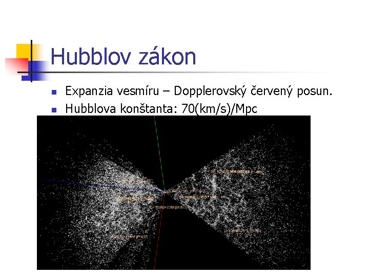 Hubblov zákon n n Expanzia vesmíru – Dopplerovský červený posun. Hubblova konštanta: 70(km/s)/Mpc 