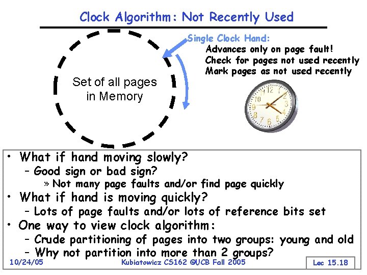 Clock Algorithm: Not Recently Used Set of all pages in Memory Single Clock Hand: