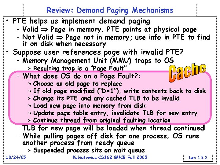 Review: Demand Paging Mechanisms • PTE helps us implement demand paging – Valid Page