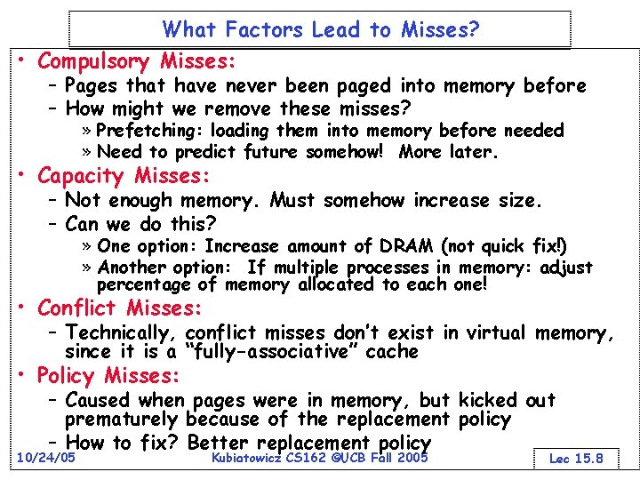 What Factors Lead to Misses? • Compulsory Misses: – Pages that have never been