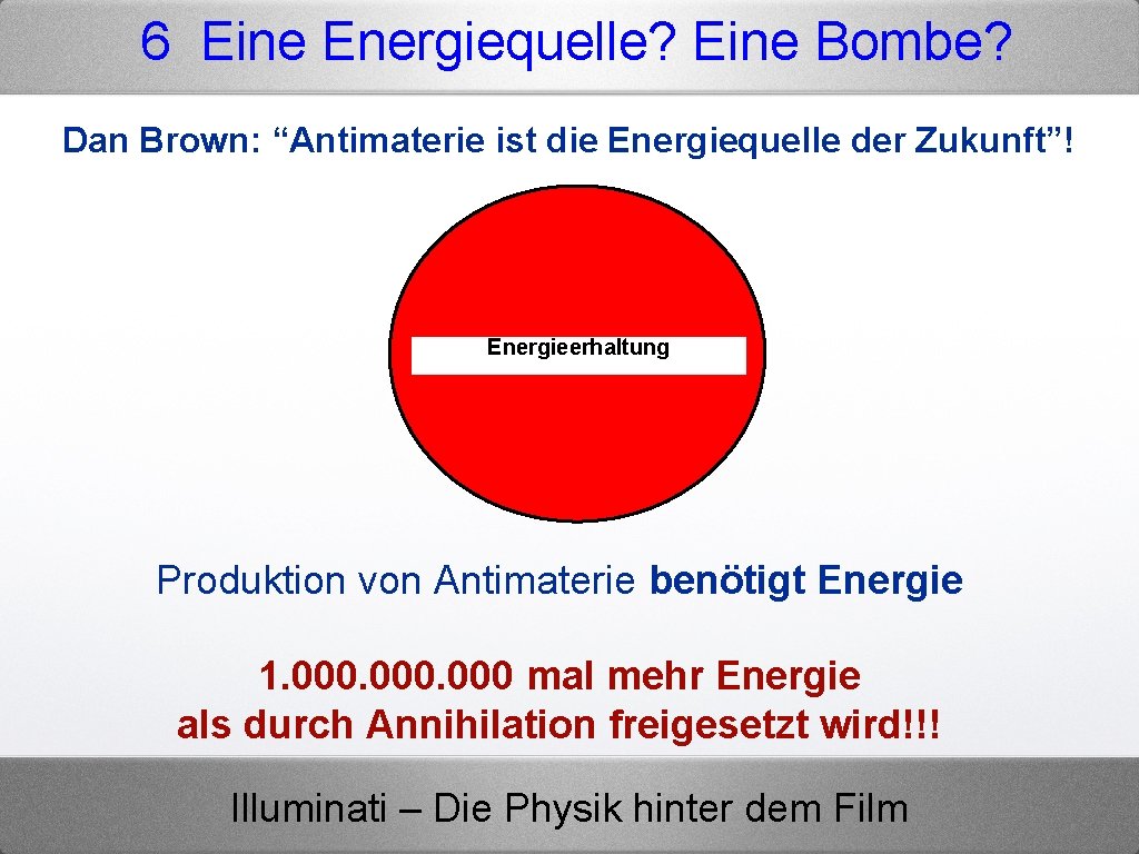 6 Eine Energiequelle? Eine Bombe? Dan Brown: “Antimaterie ist die Energiequelle der Zukunft”! Energieerhaltung