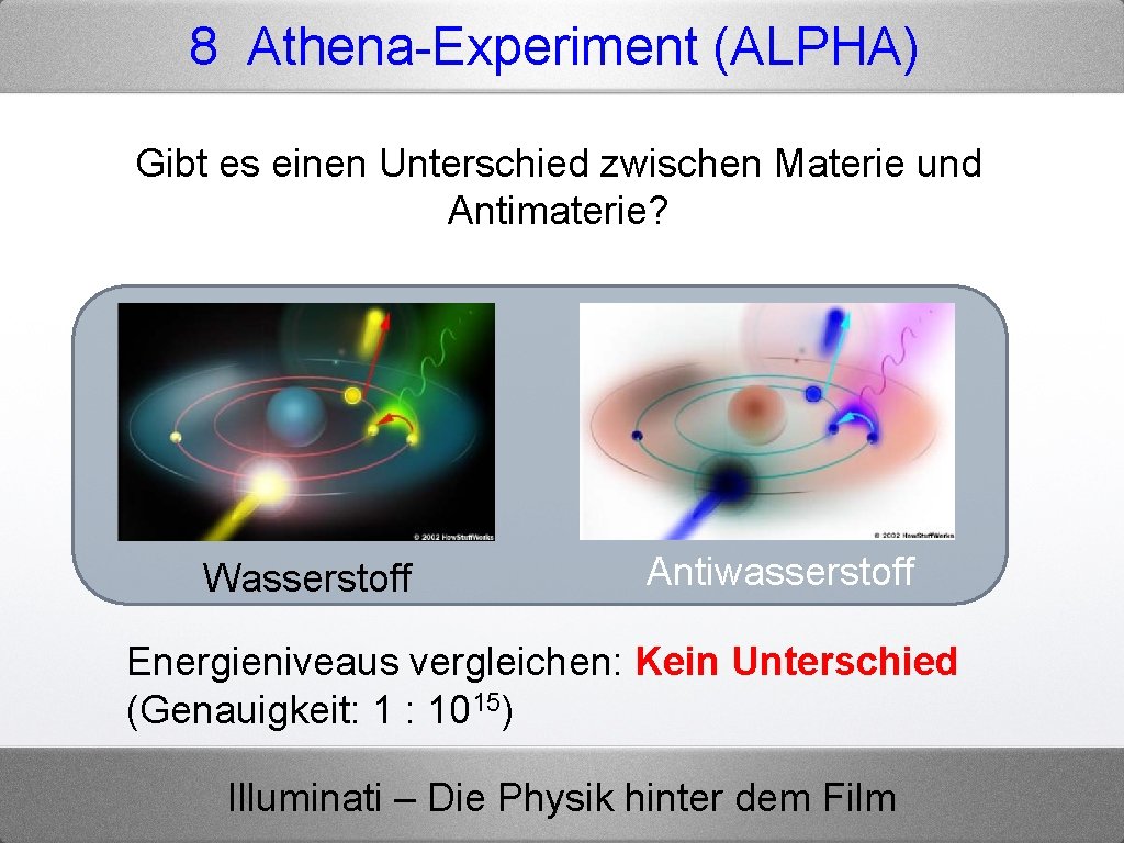 8 Athena-Experiment (ALPHA) Gibt es einen Unterschied zwischen Materie und Antimaterie? Wasserstoff Antiwasserstoff Energieniveaus