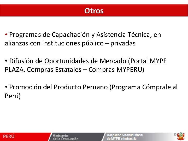 Otros • Programas de Capacitación y Asistencia Técnica, en alianzas con instituciones público –