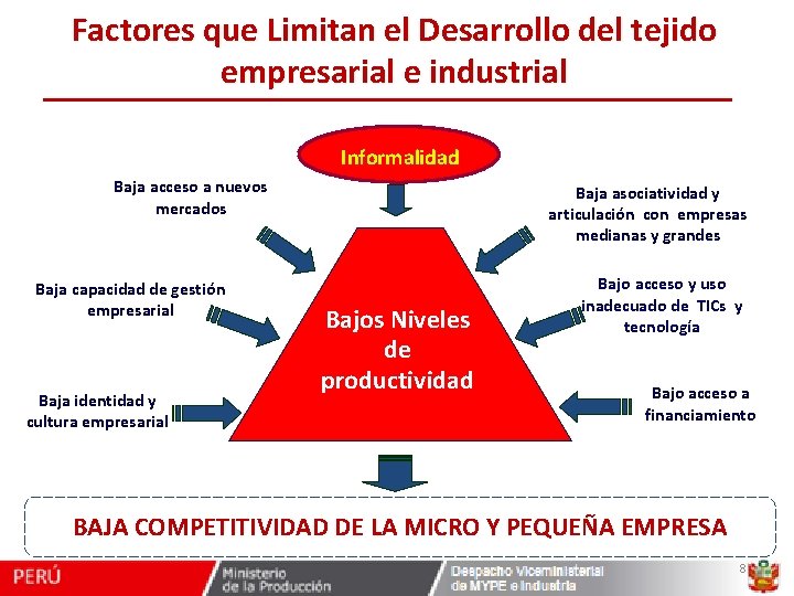 Factores que Limitan el Desarrollo del tejido empresarial e industrial Informalidad Baja acceso a