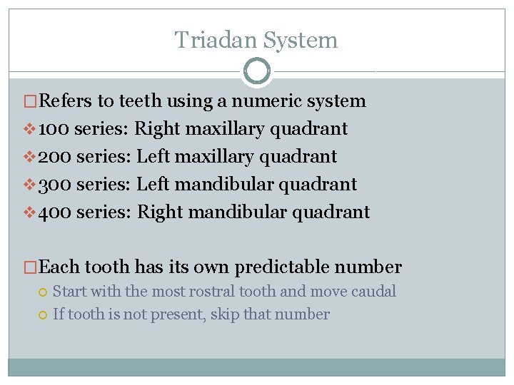 Triadan System �Refers to teeth using a numeric system v 100 series: Right maxillary