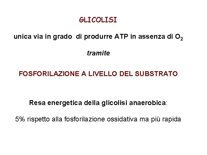 GLICOLISI unica via in grado di produrre ATP in assenza di O 2 tramite