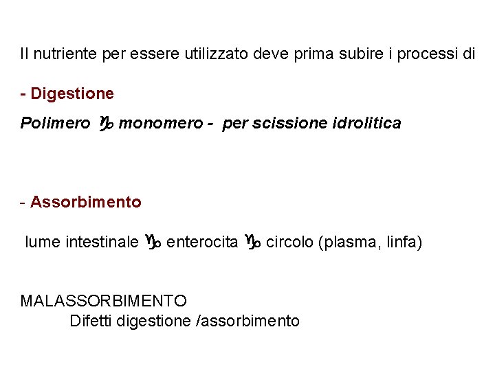 Il nutriente per essere utilizzato deve prima subire i processi di - Digestione Polimero