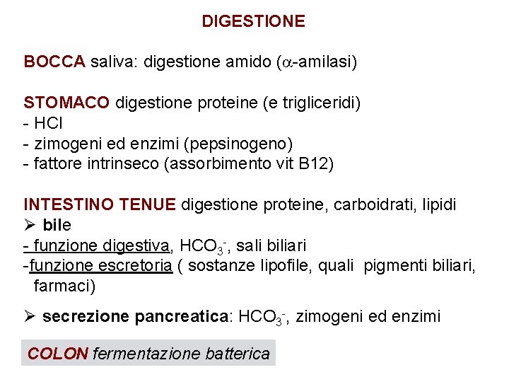 DIGESTIONE BOCCA saliva: digestione amido ( -amilasi) STOMACO digestione proteine (e trigliceridi) - HCl