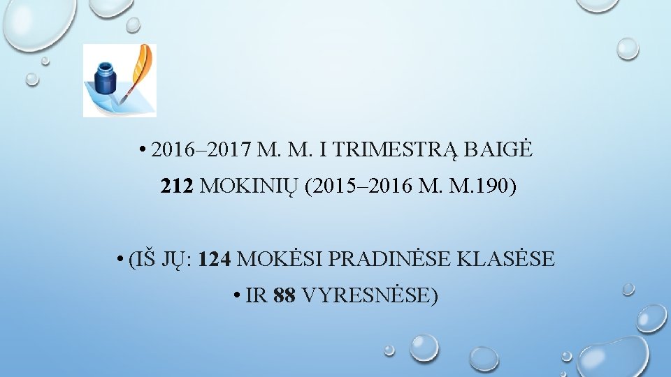  • 2016– 2017 M. M. I TRIMESTRĄ BAIGĖ 212 MOKINIŲ (2015– 2016 M.