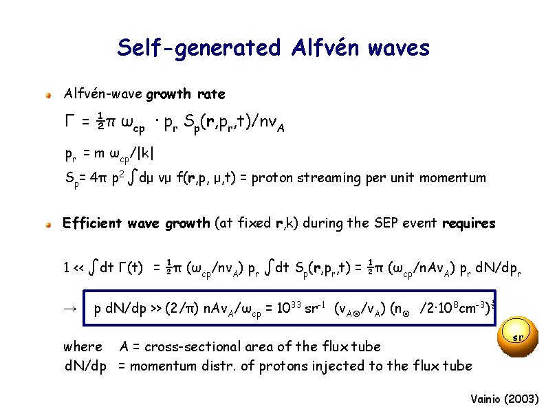Self-generated Alfvén waves Alfvén-wave growth rate Γ = ½π ωcp · pr Sp(r, pr,
