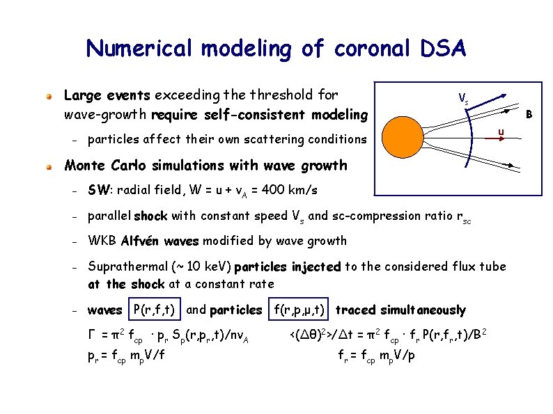 Numerical modeling of coronal DSA Large events exceeding the threshold for wave-growth require self-consistent