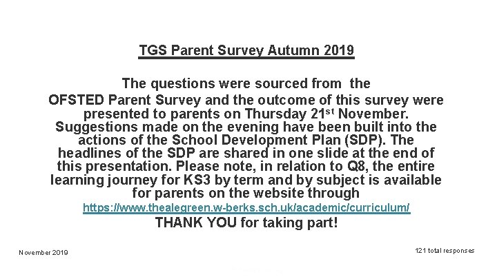TGS Parent Survey Autumn 2019 The questions were sourced from the OFSTED Parent Survey