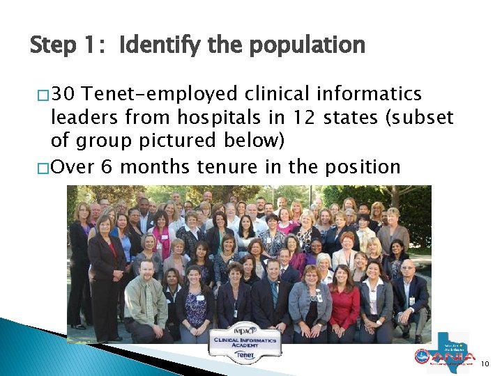 Step 1: Identify the population � 30 Tenet-employed clinical informatics leaders from hospitals in