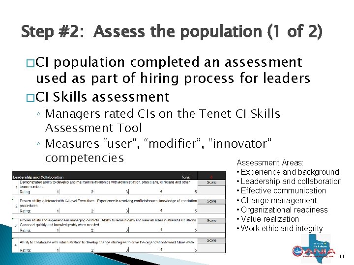 Step #2: Assess the population (1 of 2) � CI population completed an assessment Step #2: Assess the population (1 of 2) � CI population completed an assessment