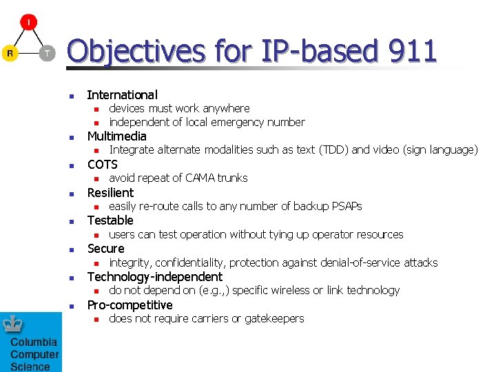 Objectives for IP-based 911 n International n n n Multimedia n n integrity, confidentiality,