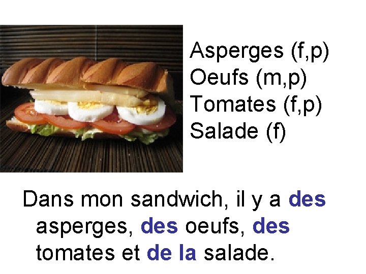 Asperges (f, p) Oeufs (m, p) Tomates (f, p) Salade (f) Dans mon sandwich,