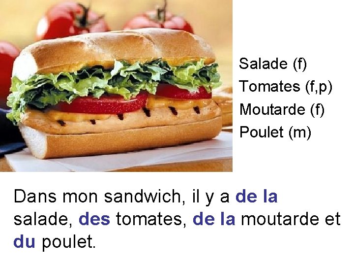 Salade (f) Tomates (f, p) Moutarde (f) Poulet (m) Dans mon sandwich, il y