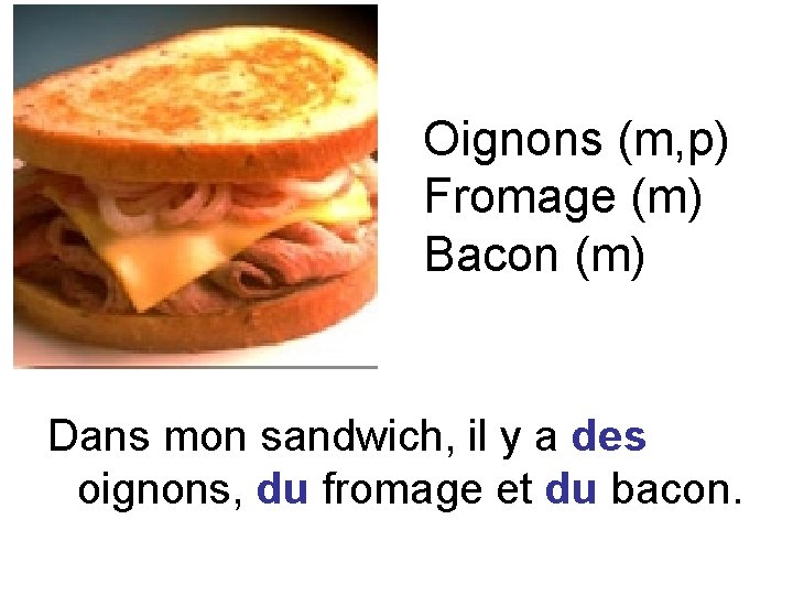 Oignons (m, p) Fromage (m) Bacon (m) Dans mon sandwich, il y a des