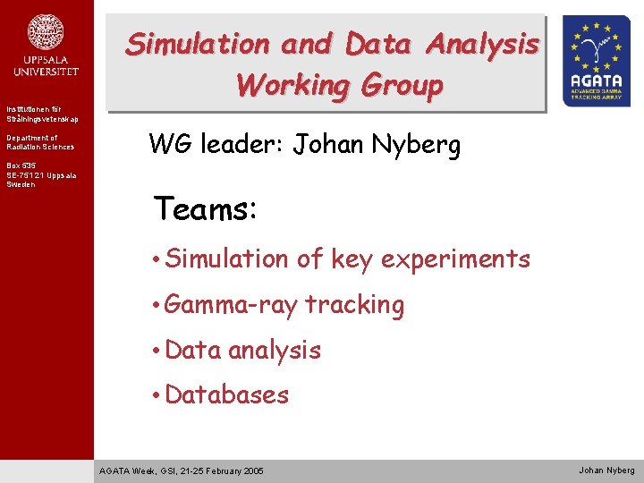 Simulation and Data Analysis Working Group Institutionen för Strålningsvetenskap Department of Radiation Sciences Box