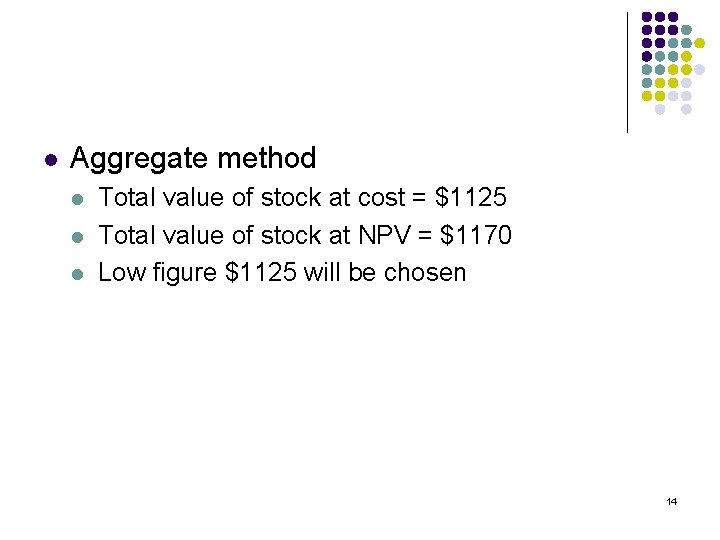 l Aggregate method l l l Total value of stock at cost = $1125