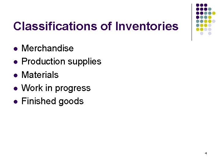 Classifications of Inventories l l l Merchandise Production supplies Materials Work in progress Finished