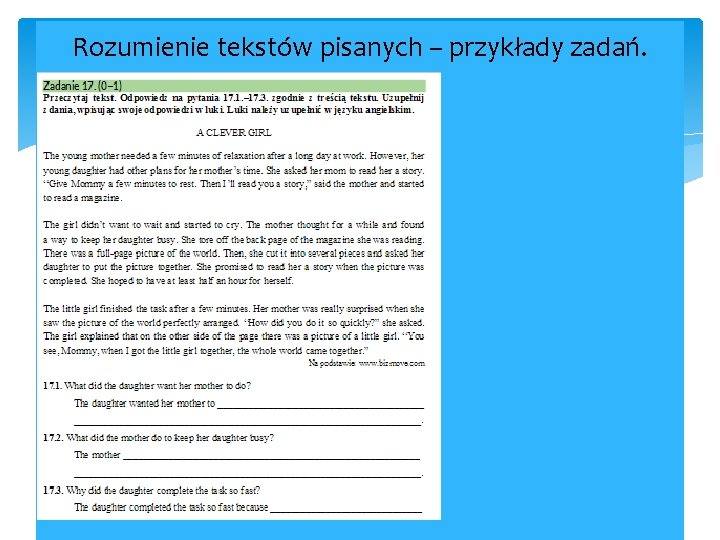 Rozumienie tekstów pisanych – przykłady zadań. 