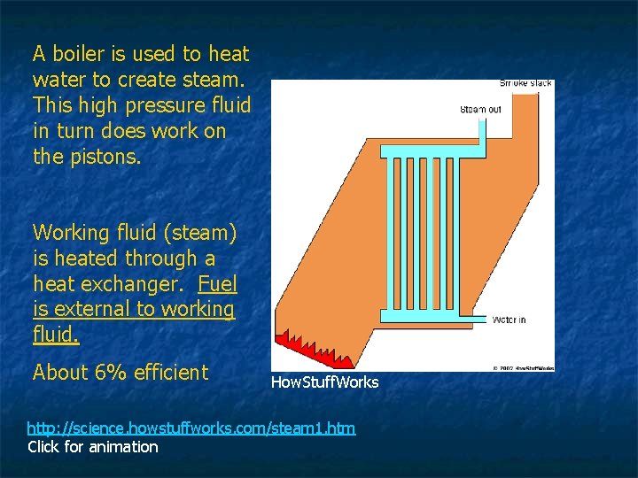 A boiler is used to heat water to create steam. This high pressure fluid