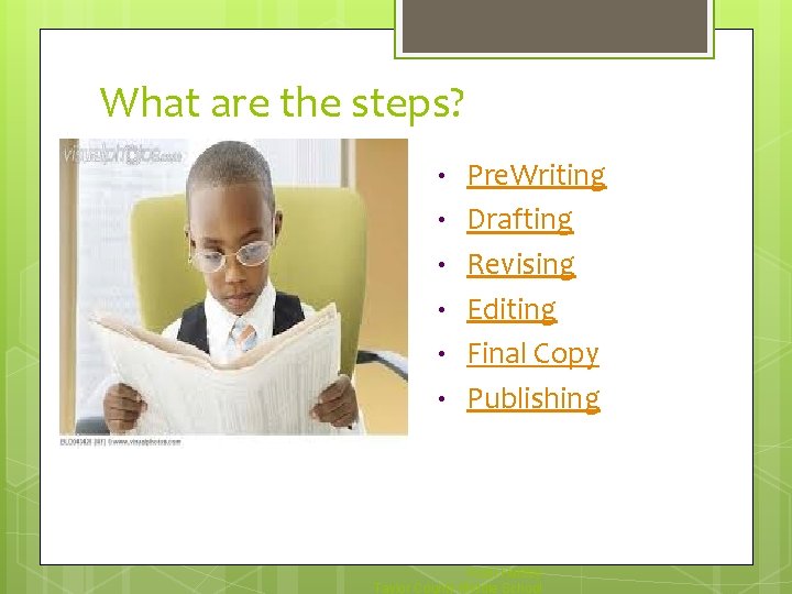 What are the steps? • • • Pre. Writing Drafting Revising Editing Final Copy