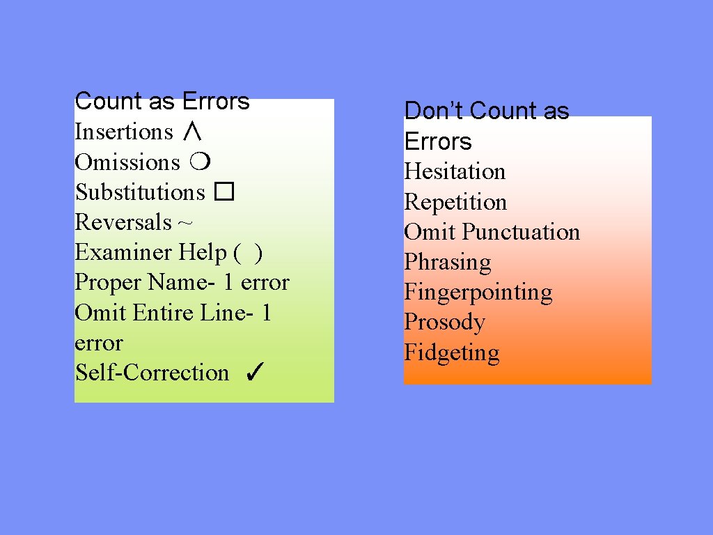 Count as Errors Insertions ∧ Omissions ❍ Substitutions � Reversals ~ Examiner Help (