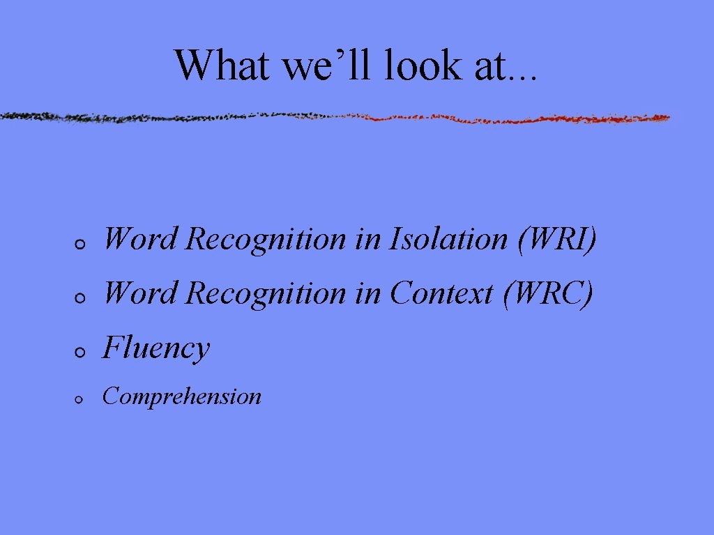 What we’ll look at. . . Word Recognition in Isolation (WRI) Word Recognition in