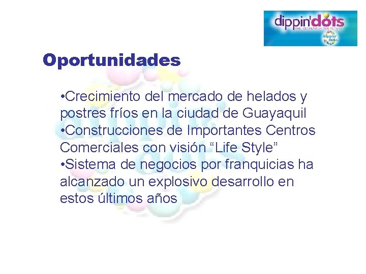 Oportunidades • Crecimiento del mercado de helados y postres fríos en la ciudad de