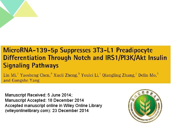 Manuscript Received: 5 June 2014; Manuscript Accepted: 18 December 2014 Accepted manuscript online in
