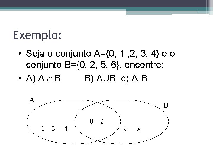 Exemplo: • Seja o conjunto A={0, 1 , 2, 3, 4} e o conjunto Exemplo: • Seja o conjunto A={0, 1 , 2, 3, 4} e o conjunto