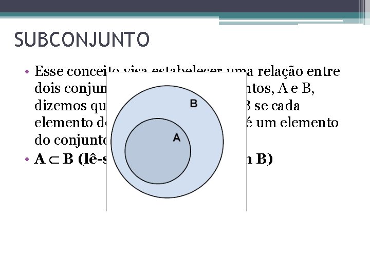 SUBCONJUNTO • Esse conceito visa estabelecer uma relação entre dois conjuntos. Dados dois conjuntos, SUBCONJUNTO • Esse conceito visa estabelecer uma relação entre dois conjuntos. Dados dois conjuntos,
