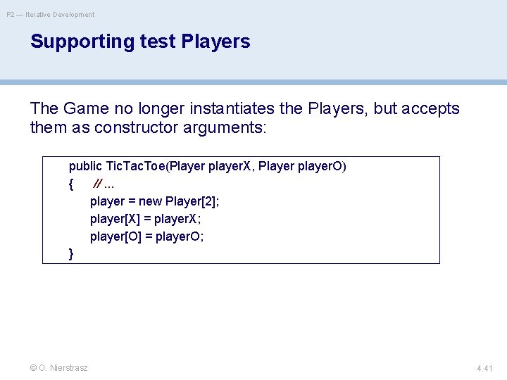 P 2 — Iterative Development Supporting test Players The Game no longer instantiates the