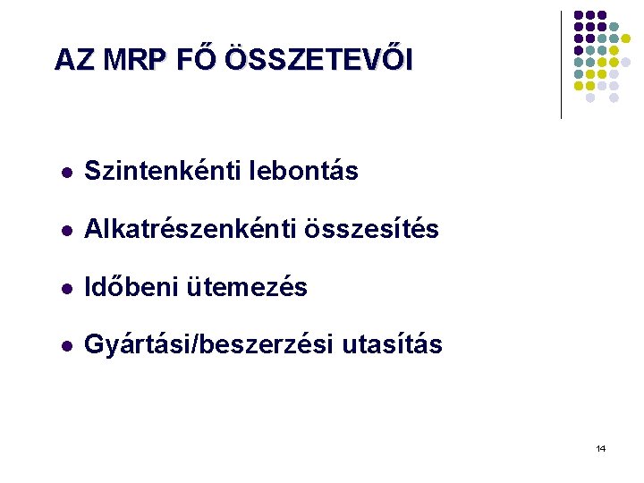 AZ MRP FŐ ÖSSZETEVŐI l Szintenkénti lebontás l Alkatrészenkénti összesítés l Időbeni ütemezés l AZ MRP FŐ ÖSSZETEVŐI l Szintenkénti lebontás l Alkatrészenkénti összesítés l Időbeni ütemezés l