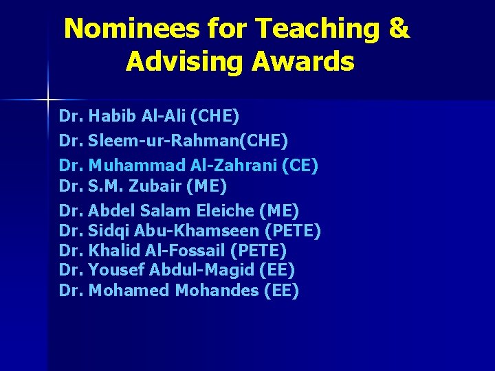 Nominees for Teaching & Advising Awards Dr. Habib Al-Ali (CHE) Dr. Sleem-ur-Rahman(CHE) Dr. Muhammad