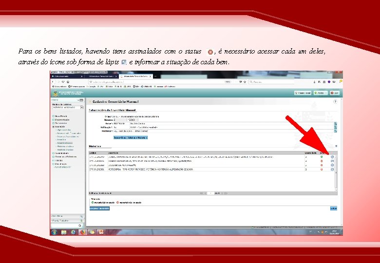 Para os bens listados, havendo itens assinalados com o status , é necessário acessar