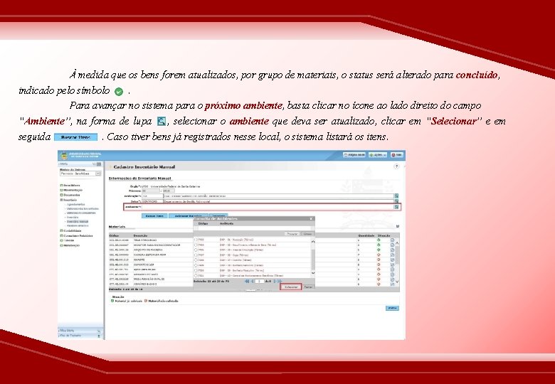 À medida que os bens forem atualizados, por grupo de materiais, o status será