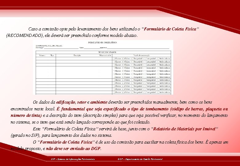 Caso a comissão opte pelo levantamento dos bens utilizando o “Formulário de Coleta Física”