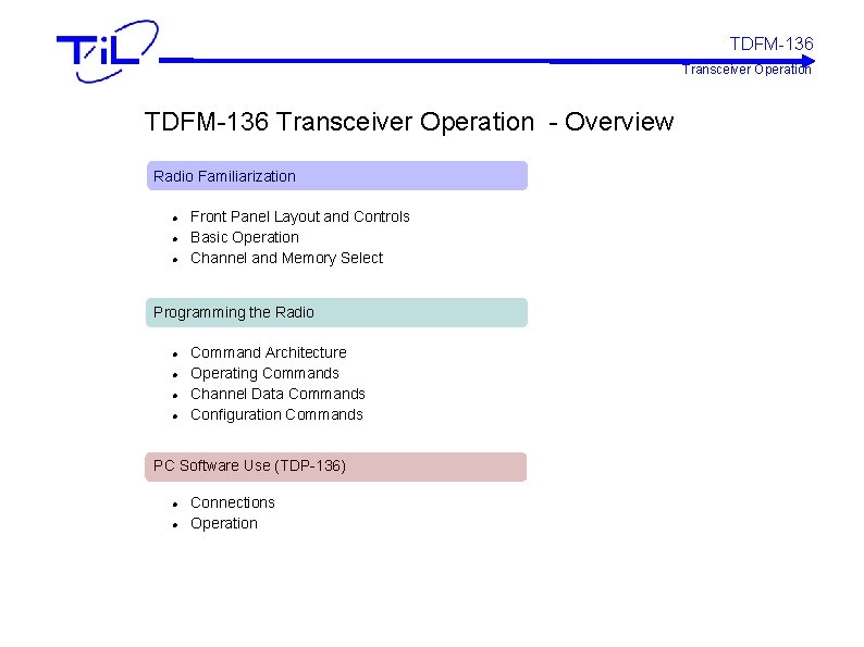 TDFM-136 Transceiver Operation - Overview Radio Familiarization Front Panel Layout and Controls Basic Operation