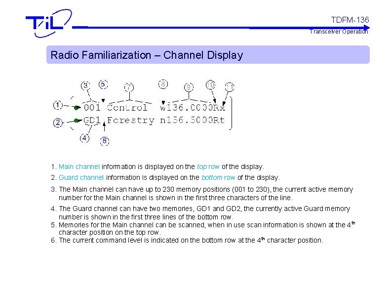 TDFM-136 Transceiver Operation Radio Familiarization – Channel Display 1. Main channel information is displayed