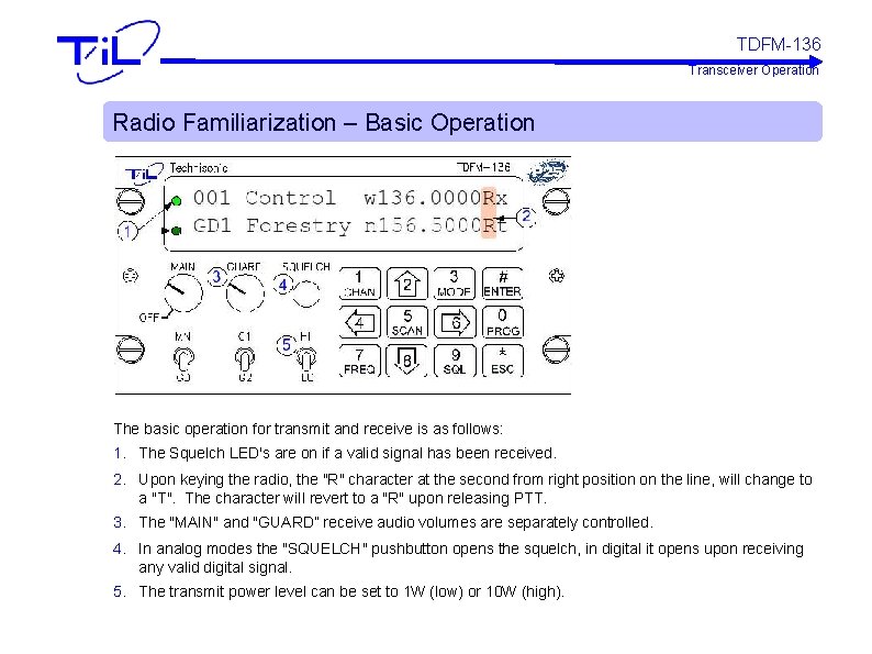 TDFM-136 Transceiver Operation Radio Familiarization – Basic Operation The basic operation for transmit and